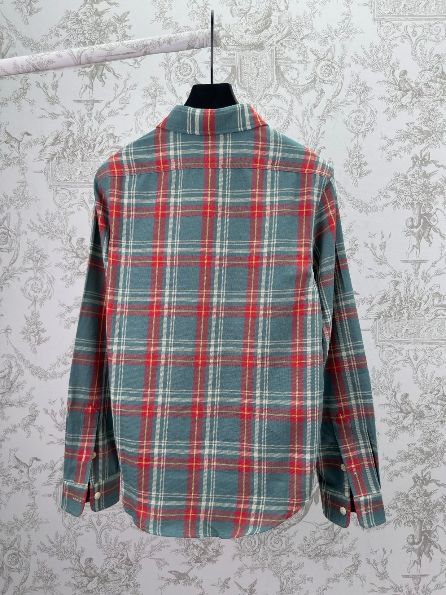Back view of Ralph Lauren plaid button-up shirt in teal with long sleeves