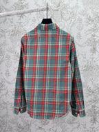 Plaid long-sleeve button-up shirt in teal with red and yellow lines; back view