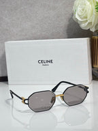 Celine octagonal sunglasses with dark frame and gray lenses, side-by-side angle
