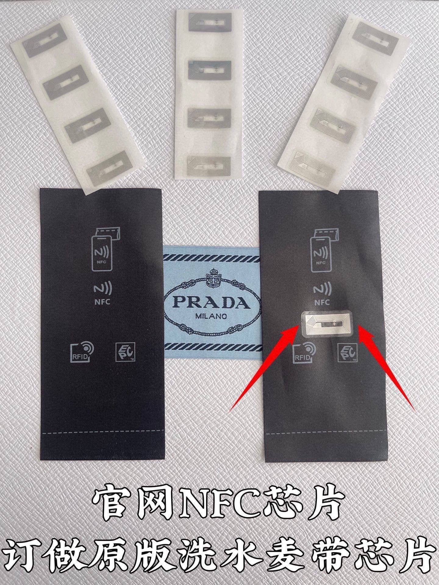 Prada NFC chip sleeve labels in black with RFID icon markings