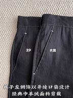 Pair of black shorts shown side by side with zip fly and contrast topstitching