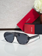 Prada glasses with dark frames and gray-tinted lenses