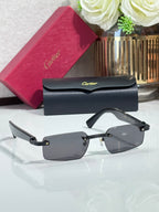 Cartier sunglasses with black frame and dark lenses, gold hinge accents