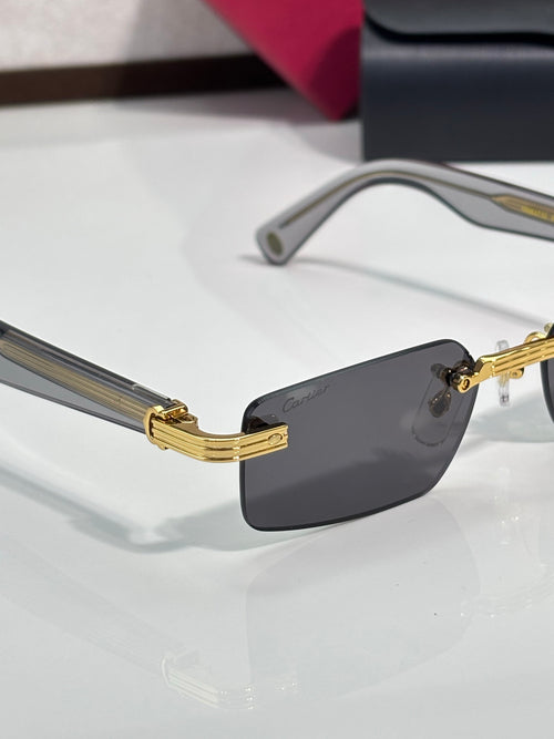 Cartier sunglasses showing side temple and dark lens with gold detailing