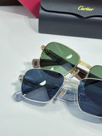 Cartier sunglasses trio with green, blue, and dark lenses and gold rims