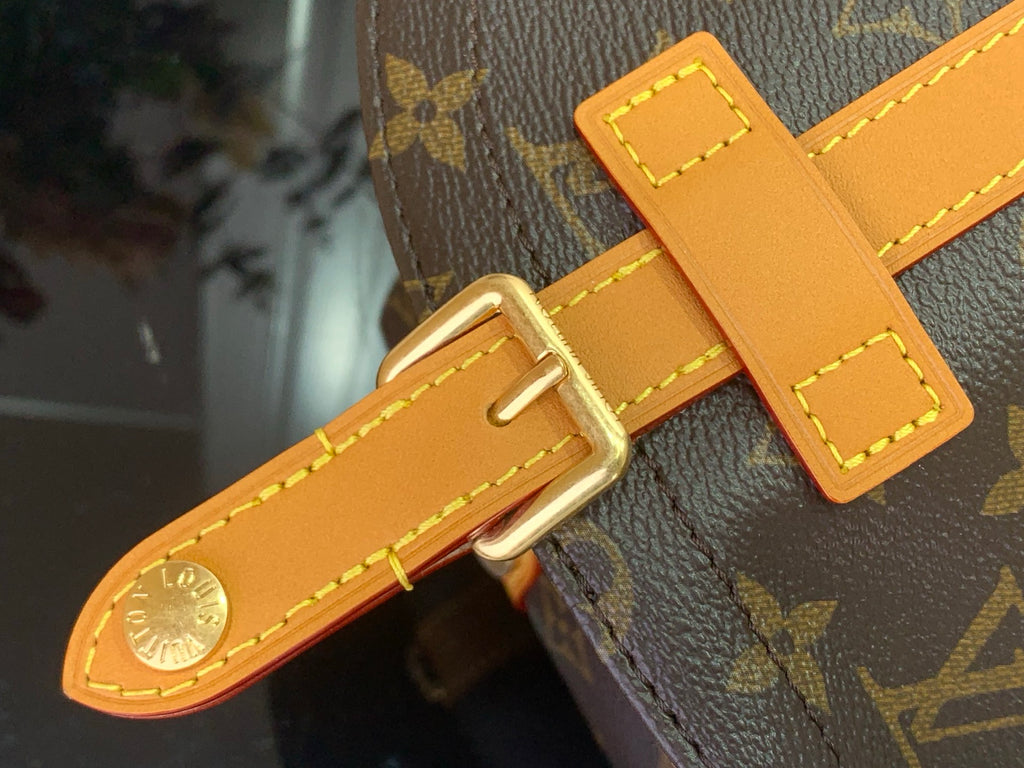 Louis Vuitton monogram bag strap close-up with gold buckle and stitched leather