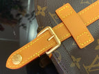 Louis Vuitton monogram bag strap close-up with gold buckle and stitched leather