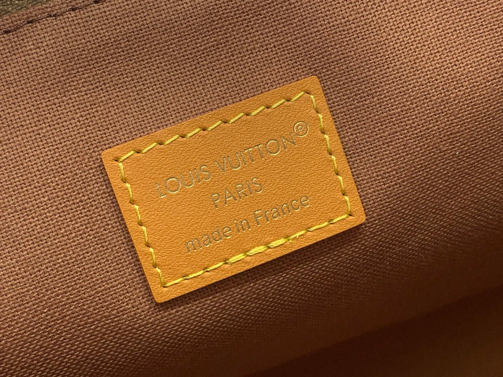 Louis Vuitton Paris made in France leather patch, tan with gold stitching