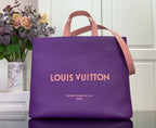 Purple tote bag with tan handles and Louis Vuitton logo on front