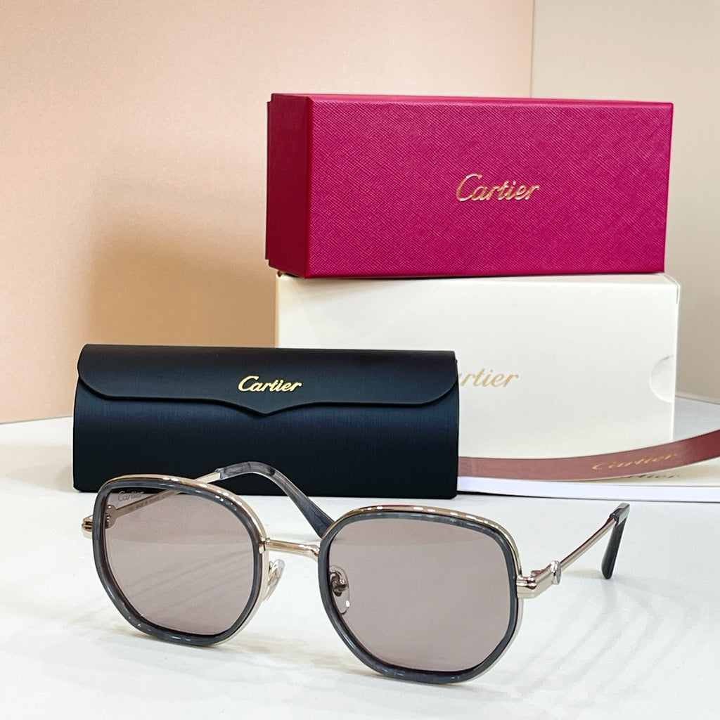 Cartier round sunglasses, dark gray frames with clear-tint lenses and silver-tone hardware