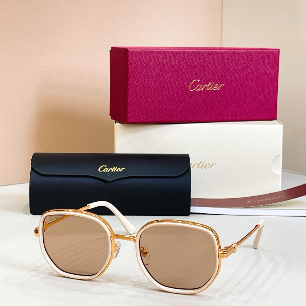 Cartier round sunglasses, white frames with gold-tone rims and light tinted lenses