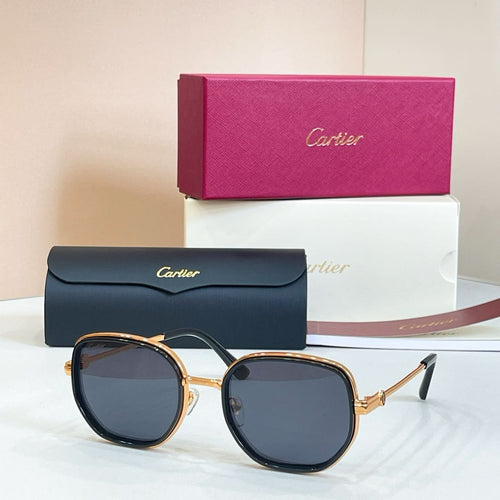 Cartier round sunglasses, dark navy frames with gold-tone accents and tinted lenses