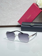 Cartier sunglasses with purple-tinted lenses and gold-tone hinge details, angular black frame