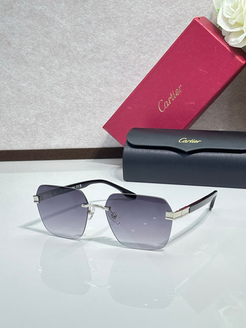 Cartier sunglasses with purple-tinted lenses and gold-tone hinge details, angular black frame