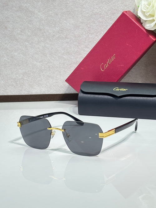 Cartier sunglasses with dark lenses, gold-tone accents, and angular black frame temples
