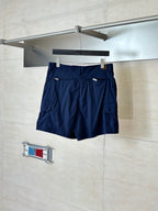Navy cargo shorts front view with adjustable tabs and belt loops
