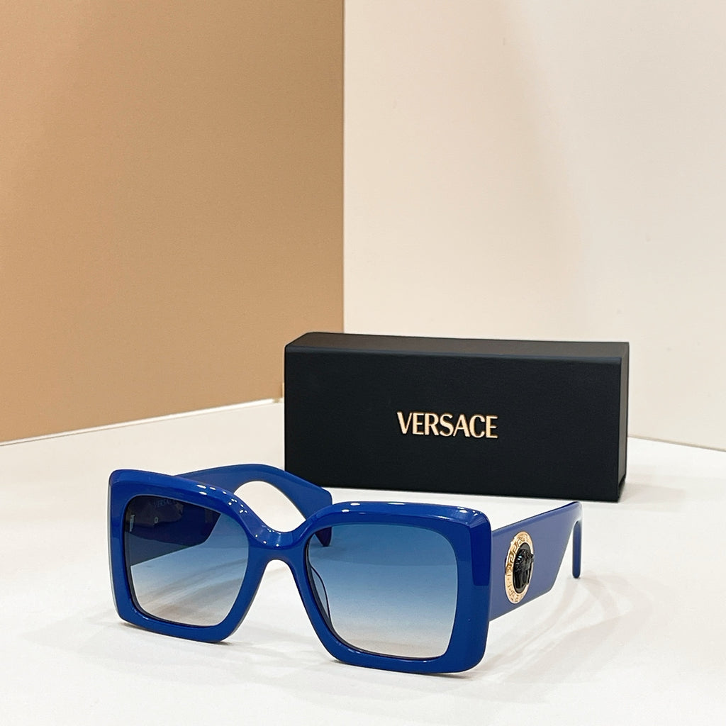 Versace glasses, bright blue square frames with gold logo and blue-tinted lenses