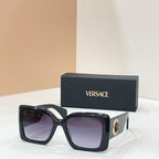 Versace glasses, black square frames with gold logo and purple-tinted lenses