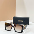 Versace glasses, dark tortoiseshell square frames with gold logo on temple