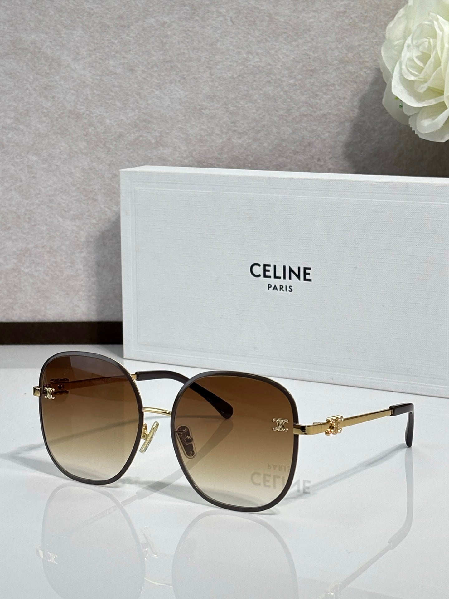 Celine round sunglasses with brown gradient lenses and gold-tone metal frames