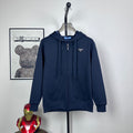 Prada dark navy zip hoodie with hood, drawstrings, and kangaroo pocket