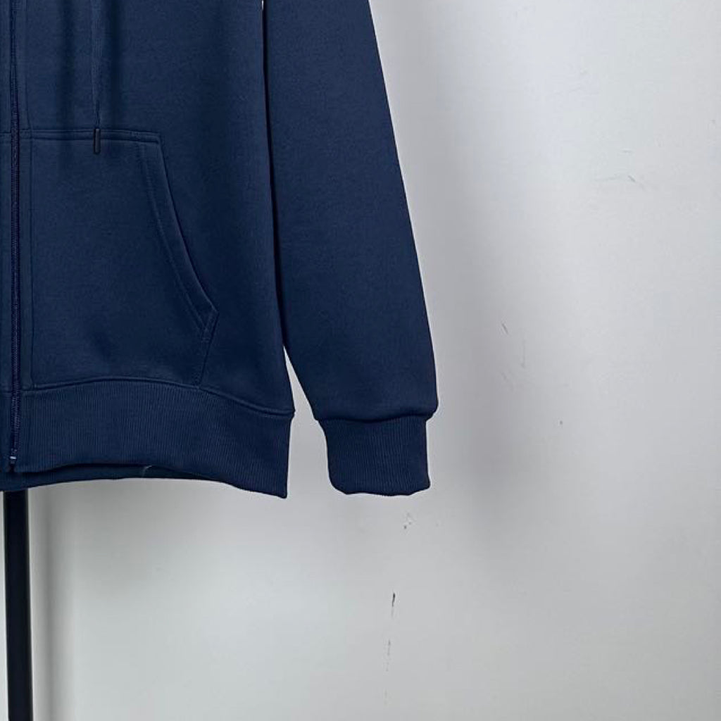 Dark navy hoodie with side seam and kangaroo pocket, ribbed hem