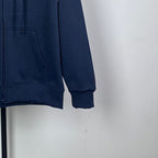 Dark navy hoodie with side seam and kangaroo pocket, ribbed hem