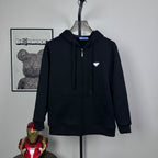 Prada dark zip-up hoodie with hood, front pouch pocket, and small triangle logo