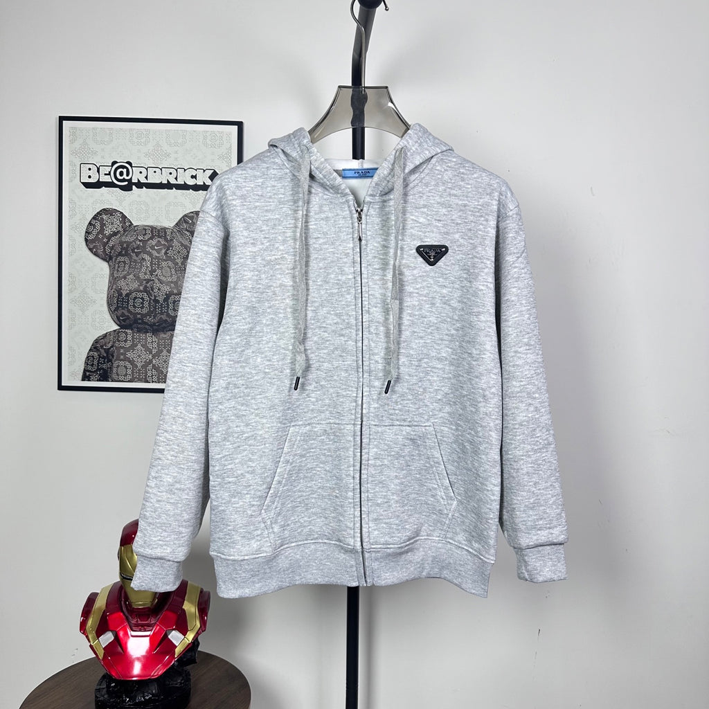 Prada heather gray zip-up hoodie with hood and drawstring, front logo triangle patch