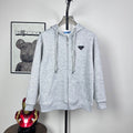 Prada heather gray zip-up hoodie with hood and drawstring, front logo triangle patch