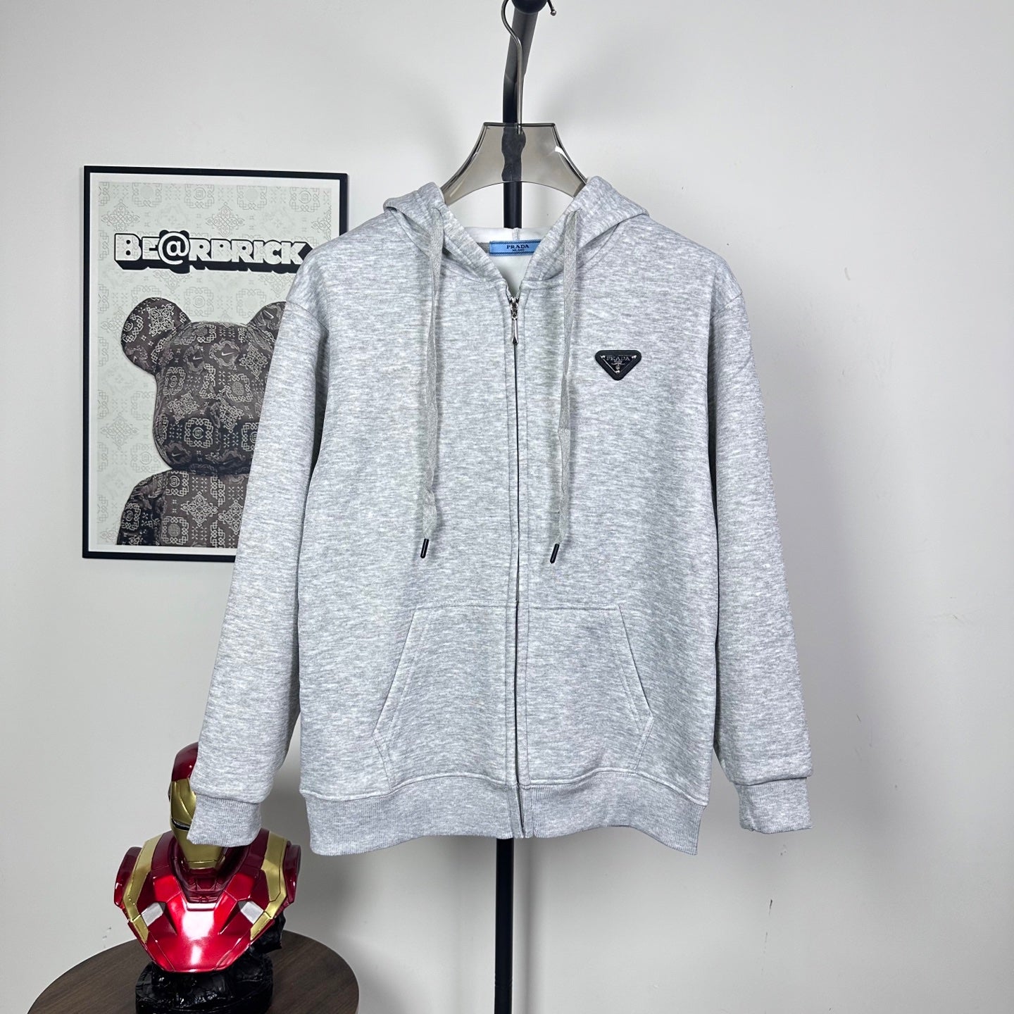 Prada heather gray zip-up hoodie with hood and drawstring, front logo triangle patch