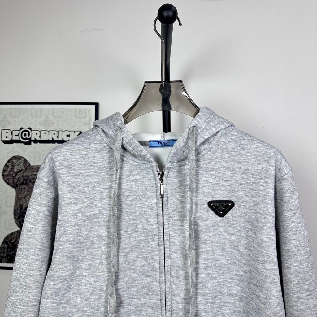 Prada heather gray zip-up hoodie with hood, front zipper and chest logo triangle