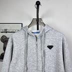 Prada heather gray zip-up hoodie with hood, front zipper and chest logo triangle