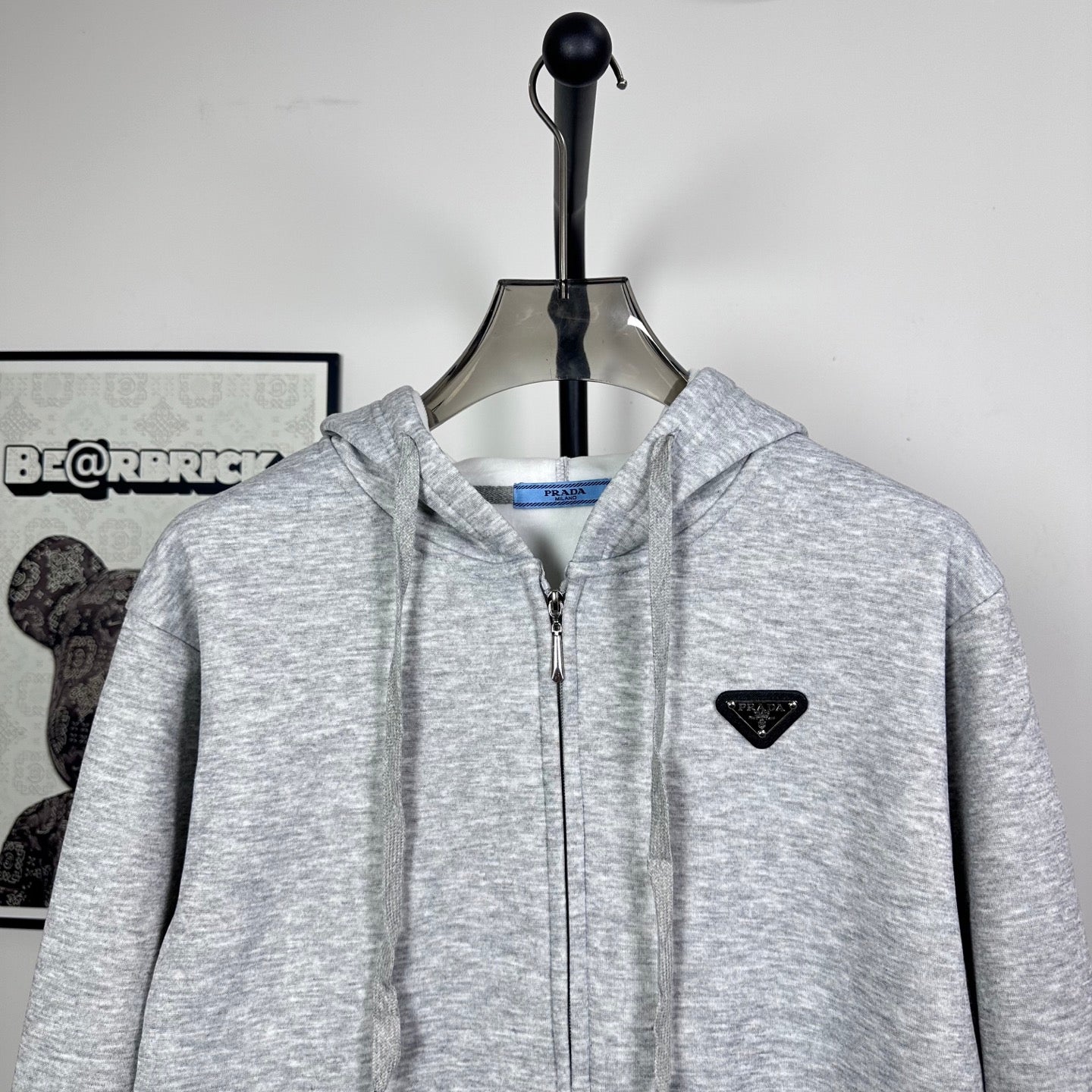 Prada heather gray zip-up hoodie with hood, front zipper and chest logo triangle