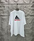 White T-shirt with large black graphic bars and red text print at center chest