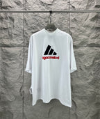 White T-shirt with large black graphic bars and red text print at center chest