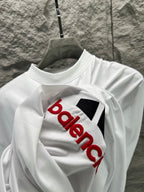 White T-shirt with bold black bars and red text logo graphic