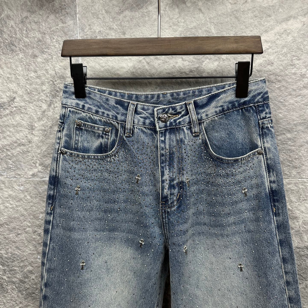 Light blue denim pants front view with waistband and two front pockets