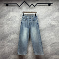 Light blue denim pants with wide legs, belt loops, and front slash pockets