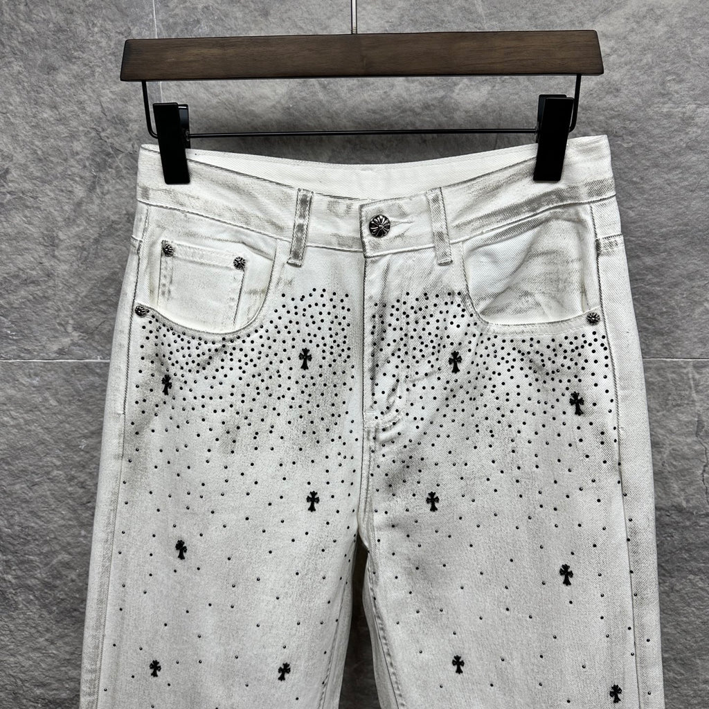 White denim pants with black dot cross print and front patch pockets