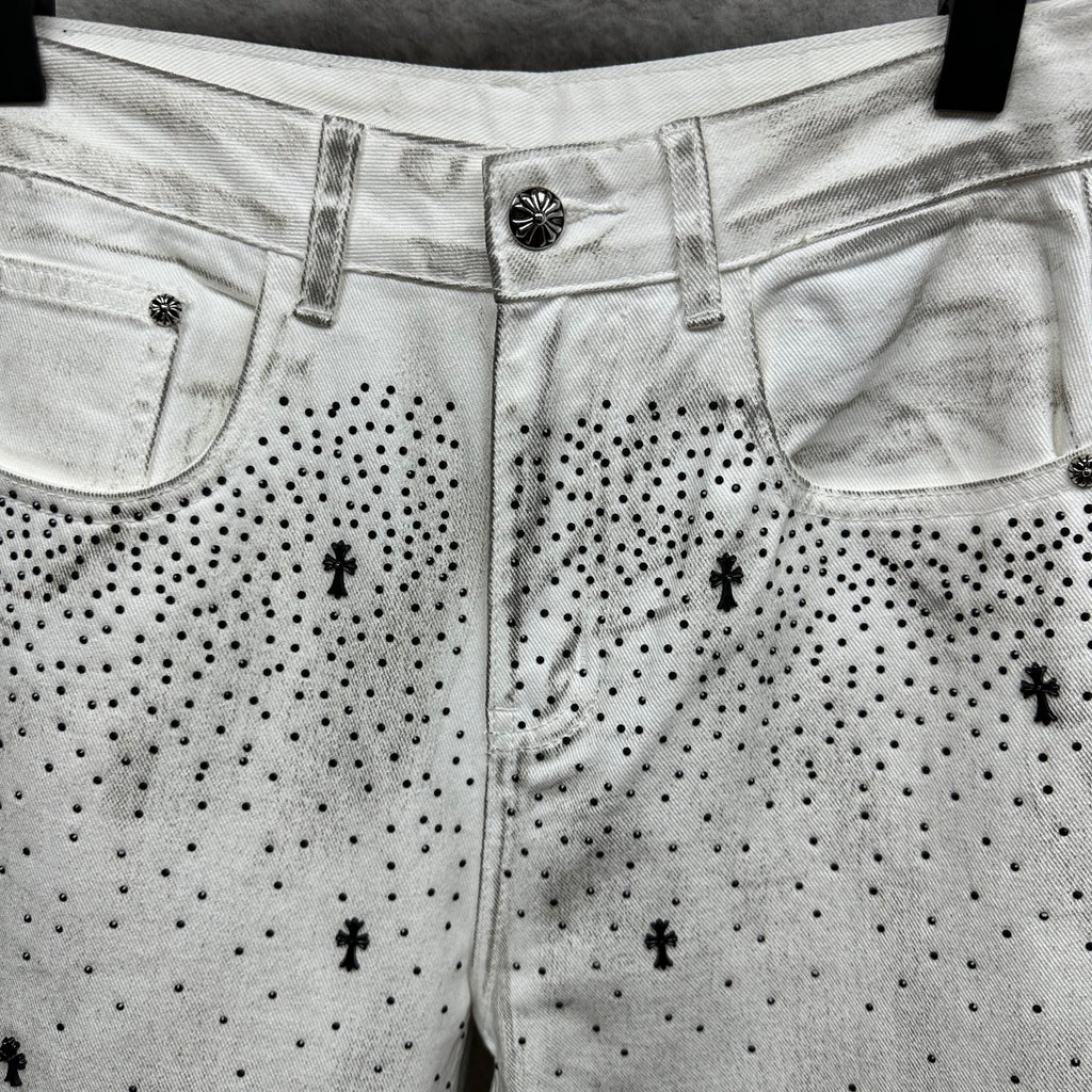 White denim pants with waistband button and black dot cross print