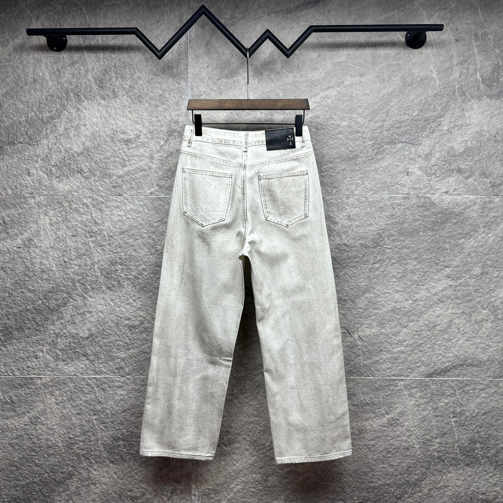 White denim pants with belt loops and front pockets, straight leg