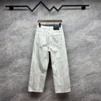 White denim pants with belt loops and front pockets, straight leg