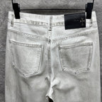 White denim pants with two back pockets and top waistband button