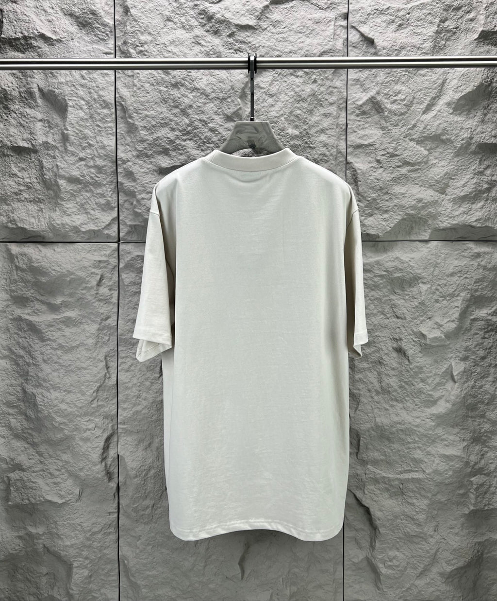 White crew-neck T-shirt, plain back view on a hanger