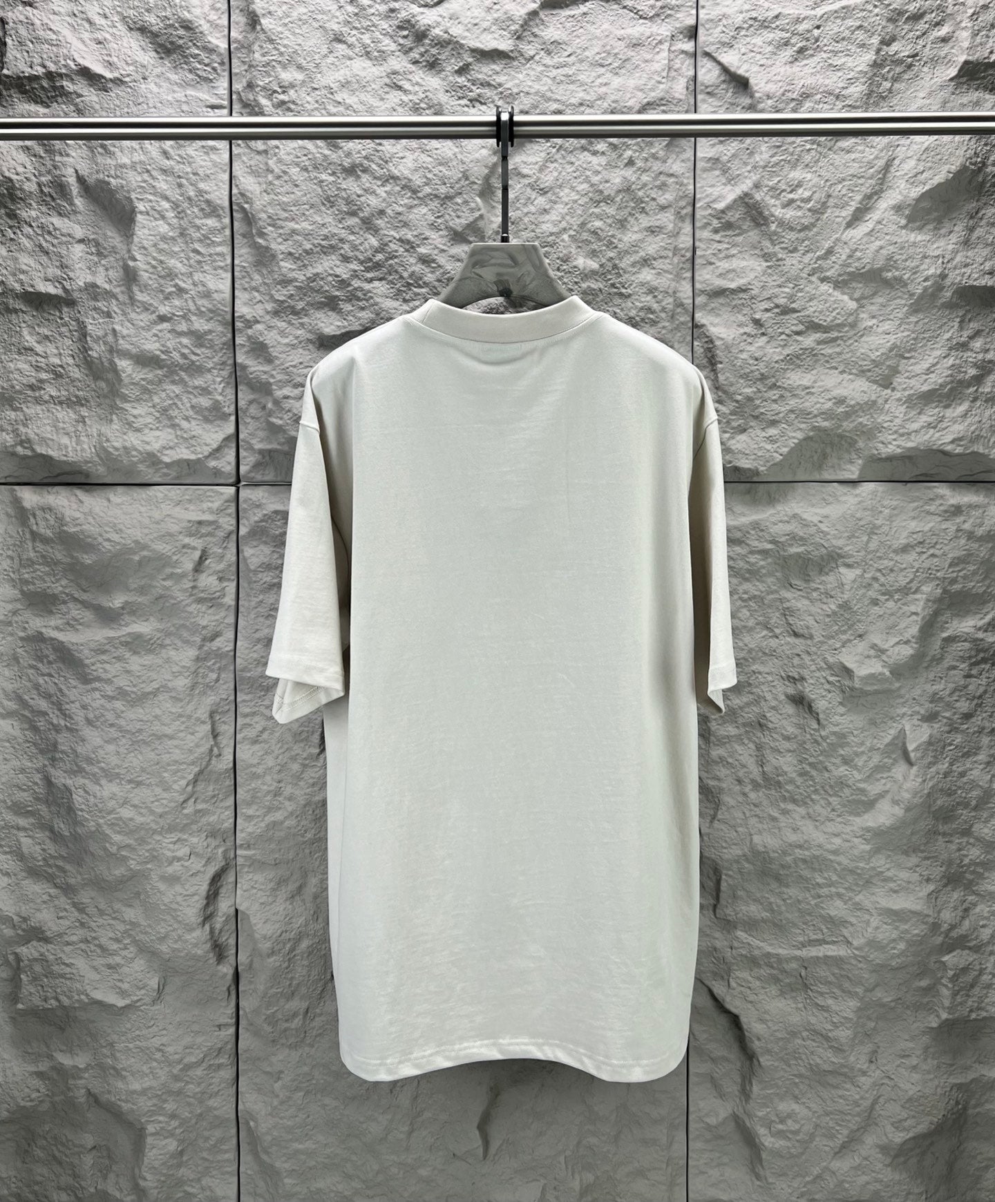 White crew-neck T-shirt, plain back view on a hanger
