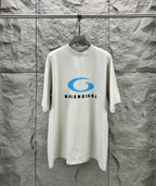 White crew-neck T-shirt with Balenciaga graphic logo on the chest