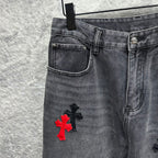 Grey denim pants with belt loops and side pocket, red cross applique
