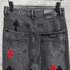 Grey denim pants with front pockets, dark cross embroidery and red cross