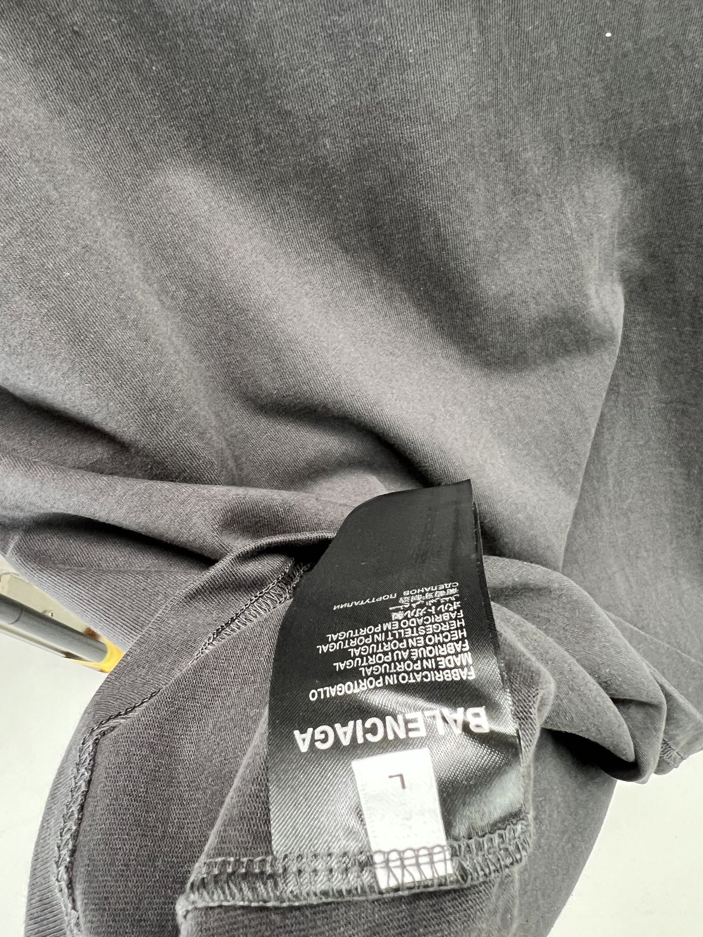 Balenciaga T-shirt close-up of heather gray fabric and size tag